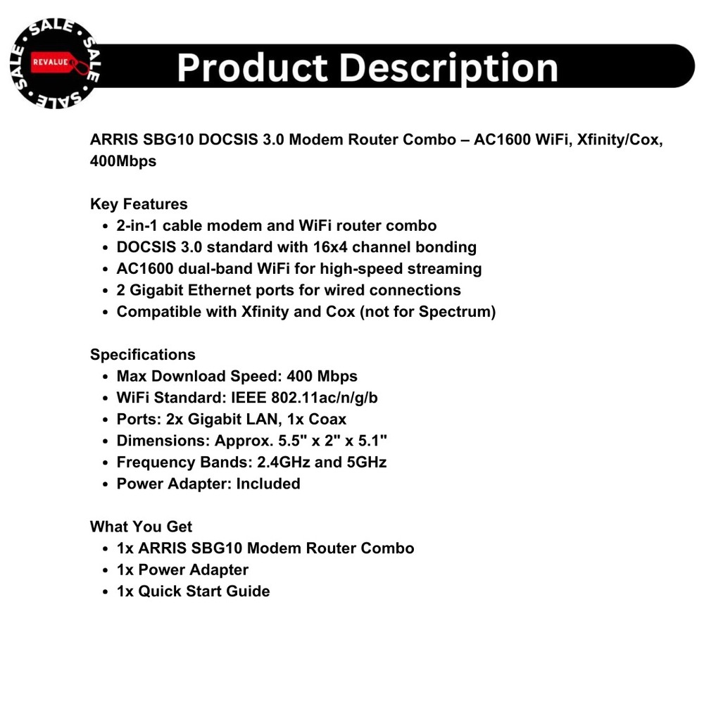 ARRIS SBG10 DOCSIS 3.0 Modem Router Combo – AC1600 WiFi, Xfinity/Cox, 400Mbps - Picture 2 of 13